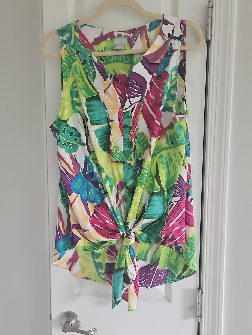 Chico's Tropical Leaf Tie-Front Sleeveless Top - Green, Pink, Yellow, Teal